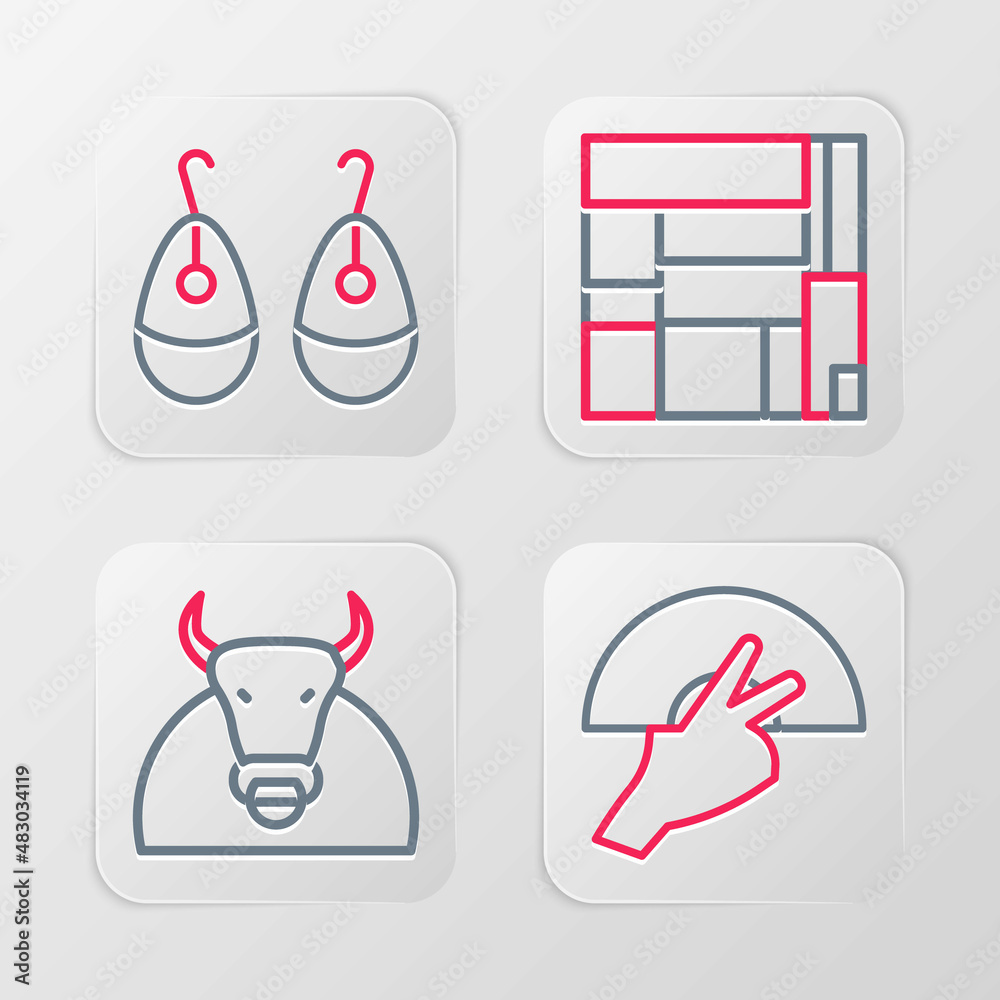 Sticker set line fan flamenco, bull, house edificio mirador and earrings icon. vector