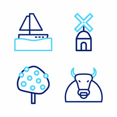 Set line Bull, Orange tree, Windmill and Yacht sailboat icon. Vector