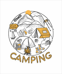 A camping emblem with hand-drawn doodle-style elements. Mountains, tents, map, compass, backpack, flashlight, etc. Items for camping and outdoor recreation. Isolated element on white background.