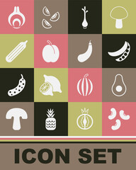 Set Beans, Avocado fruit, Green peas, Fresh green onions, Plum, cucumber, Onion and Eggplant icon. Vector