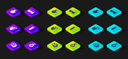 Set Radioactive, Poison in bottle, Head and radiation symbol, Test tube flask, Safety goggle glasses and icon. Vector
