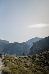 Chica joven guapa con gafas en entorno natural tomando fotograf&iacute;as mientras esta de senderismo en un parque natural