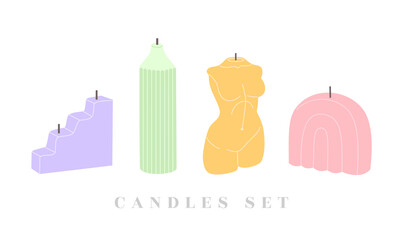 Set of scanted candles with natural wax and essential oils. Colorful elements for home decoration or aromatherapy. Hand drawn vector illustration isolated on light background. Flat cartoon style.