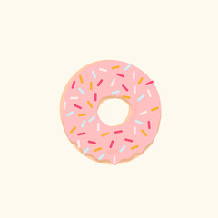 donut isolated on white background.Cartoon vector illustration pink donut.Glazed doughnut top view for cake cafe decoration or menu design. Vector flat illustration