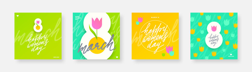 Fototapeta na wymiar Set of Happy women's day greeting card. March 8 Holiday poster with type design and tulip flower. Design for greeting card, cover, invitation, flyer and etc. International women's day vector illustrat