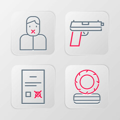 Set line Lying burning tires, Poll document, Pistol or gun and Censor and freedom of speech icon. Vector
