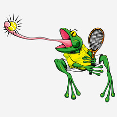 Frog catching a tennis ball with his long tongue. Tennis mascot illustration.