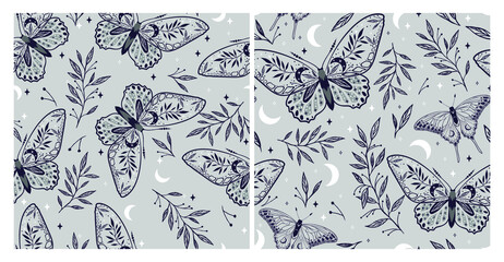 Set of elegant celestial seamless pattern with herbs. Boho magic background with gray space elements stars, butterflies. Vector doodle texture.
