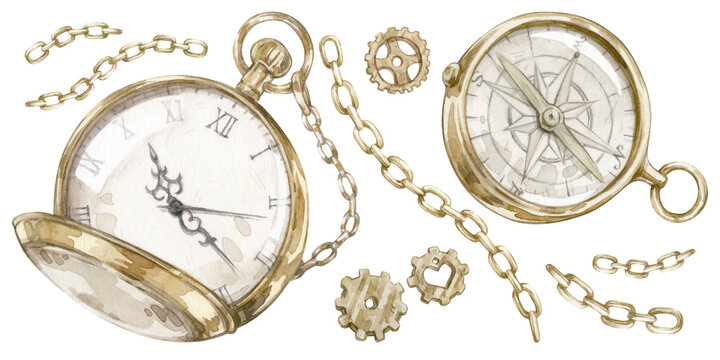 Set of watercolor illustrations with vintage gold pocket watch, compass, gears and chains isolated on a white.
