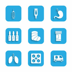 Set Gypsum, Pills in blister pack, Emergency car, Medicine bottle and pills, Lungs, Medical vial, ampoule, Human stomach and Syringe icon. Vector