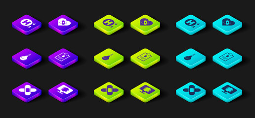 Set Crossed bandage plaster, Medical symbol of the Emergency, Enema, Clinical record, Healed broken heart and Hospital signboard icon. Vector