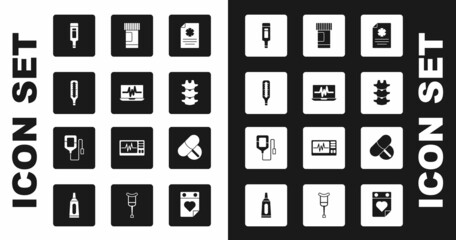 Set Clinical record, Laptop with cardiogram, Medical thermometer, Digital, Human spine, Medicine bottle and pills, tablet and IV bag icon. Vector