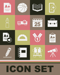 Set Telescope, Exam sheet with A plus grade, Briefcase, Open book, Movie, film, media projector, Fountain nib, and Calendar icon. Vector