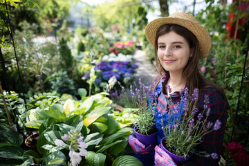 A worker holds pots of heather flowers in both hands. Garden Shop.