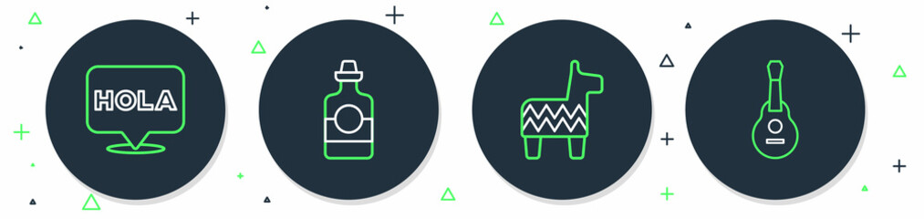 Set line Tequila bottle, Pinata, Hola and Mexican guitar icon. Vector © vector_v