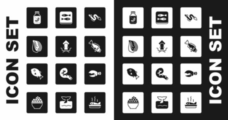 Set Eel fish, Octopus, Mussel, Sea cucumber in jar, Fish, Canned, Lobster or crab claw and Tropical icon. Vector