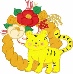 アクリル画風のお正月リースとトラ