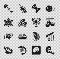 Obraz premium Set Octopus of tentacle, Fishing harpoon, Sushi, tail, cutting board, Turtle, skeleton and Lobster icon. Vector