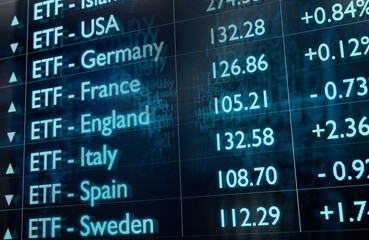 Obraz premium ETF - exchange traded funds. Trading monitor with some different country ETF. Stock market, investment funds concept. 3D illustration