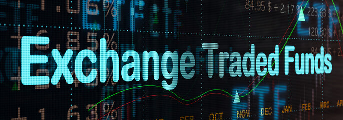 Exchange Traded Funds illuminated on ETF trading screen. Stock market and ETF exchange concept. 3D illustration