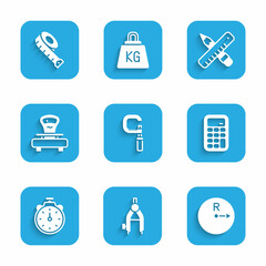 Set Micrometer, Drawing compass, Radius, Calculator, Stopwatch, Scales, Crossed ruler and pencil and Measuring tape icon. Vector
