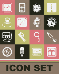 Set Bathroom scales, Measuring spoon, Speedometer, Stopwatch, Diagonal measuring, Scales, Clock and Smart icon. Vector