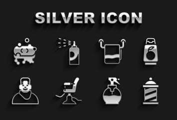 Set Barbershop chair, Bottle of shampoo, pole, Hairdresser pistol spray bottle, Client in barbershop, Towel on hanger, soap with foam and Spray can for hairspray icon. Vector