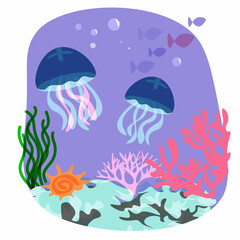 Fototapeta na wymiar Jellyfish, coral, algae in vector illustration on purple background. Underwater wildlife in ocean tropical reef.