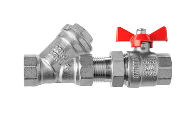 Metal ball valve with a coarse filter, with a red handle on a white background.