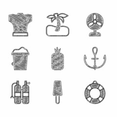 Set Pineapple, Ice cream, Lifebuoy, Anchor, Aqualung, Sand bucket, Electric fan and Bodybuilder muscle icon. Vector