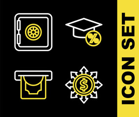 Set line Graduation cap and coin, Dollar, share, network, ATM money and Safe icon. Vector