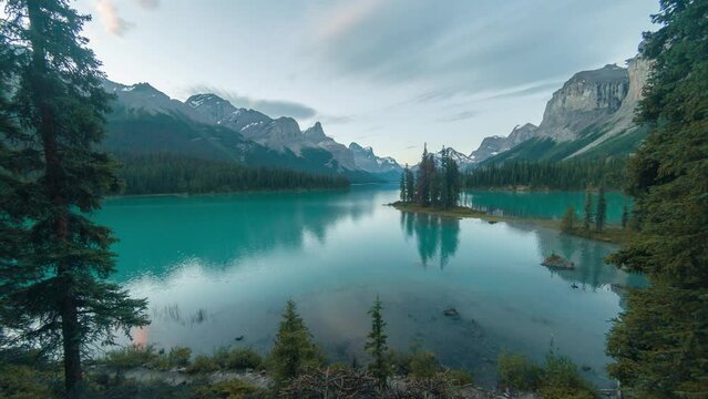 A time lapse taken at Maligne Lake, looking at Spirit Island, in Jasper National Park, Alberta, Canada