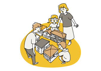 いろんな家を見て回る楽しそうな家族　コミカルな手書きの人物　ベクター、線画にシンプルな色つけ　