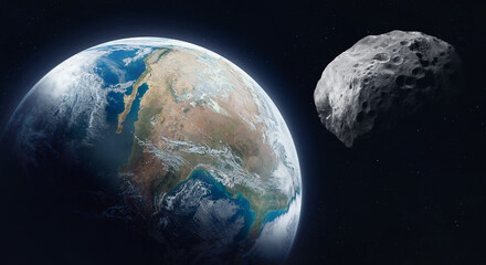 Asteroid in space near Earth. Big asteroid on orbit of Earth planet. Elements of this image...