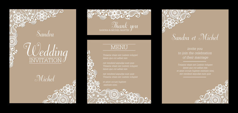 Ensemble de cartes pour un mariage - invitation, faire part, remerciement et menu - décoré de dentelle blanche sur un fond de papier recyclé beige - texte anglais.