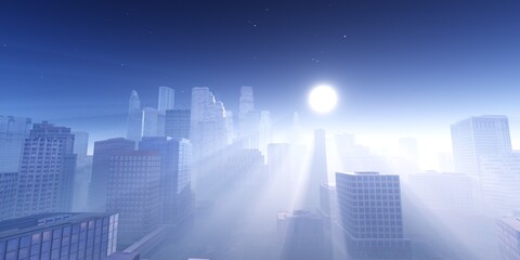 Morning over the city, skyscrapers in the rays of the morning sun, the city in the rays of light, 3d rendering