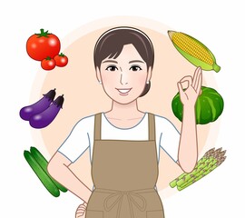 夏の野菜と女性