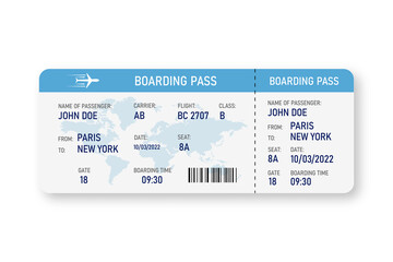 Airline boarding pass. Flight ticket template. Boarding pass with shadow on white background