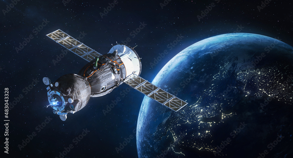 Poster Spaceship on orbit of Earth. Space craft with cosmonauts in outer space. Sci-fi wallpaper. Elements of this image furnished by NASA
