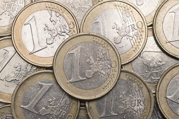 closeup stacked pile one euro coins stacked