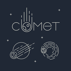 A set of space logos in a fashionable linear style. Minimalism of the comet icon on a dark background outline. The concept of the emblems of the astronomical phenomenon meteorites - obrazy, fototapety, plakaty