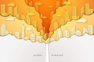 Global Warming Pollution Smoke From Factory. City Landscape in Global Warming Environment. Papercut Style.