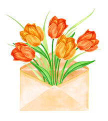 Bouquet of tulips in an envelope for greeting card. Valentine's Day, Hello Spring, Women's Day, Mother's Day. Watercolor illustration