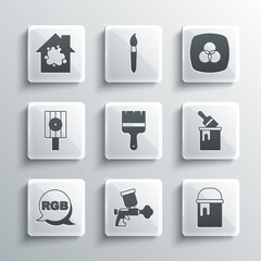 Set Paint spray gun, bucket, with brush, RGB, Spray can nozzle cap, Painting the house and and CMYK color mixing icon. Vector