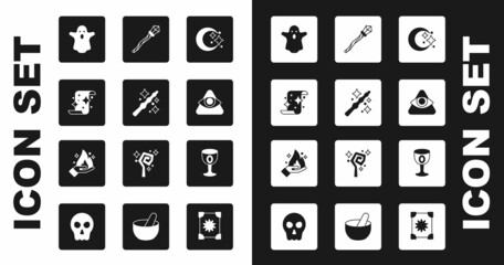 Set Moon and stars, Magic wand, scroll, Ghost, All-seeing eye of God, staff, Medieval goblet and Hand holding fire icon. Vector