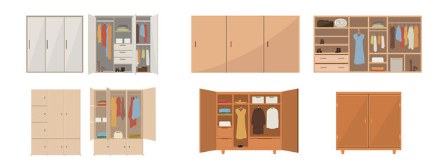 Set of closets different form on white background. Vector elements of a modern interior. Closed and open wooden wardrobes in cartoon style.