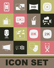 Set Director movie chair, 2k Ultra HD, Retro cinema camera, Hd movie, tape, frame, 3D glasses, tv, Buy ticket online and Paper with water icon. Vector