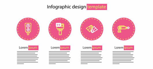 Set line Flippers for swimming, Fishing harpoon, Action extreme camera and Gauge scale icon. Vector