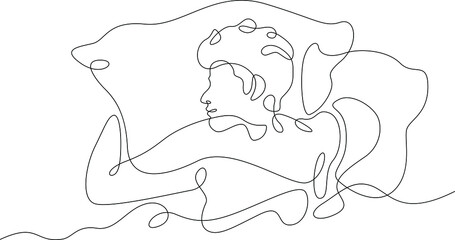 One continuous line. Man sleeps under a blanket. The boy fell asleep on the pillow. Male character is napping in bed.Continuous line drawing.Line Art isolated white background.