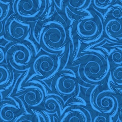 Stock blue seamless vector pattern of spirals and corners.Blue seamless geometric vector pattern of spirals of smooth and broken stripes on a blue background.Simple texture in nautical colors.